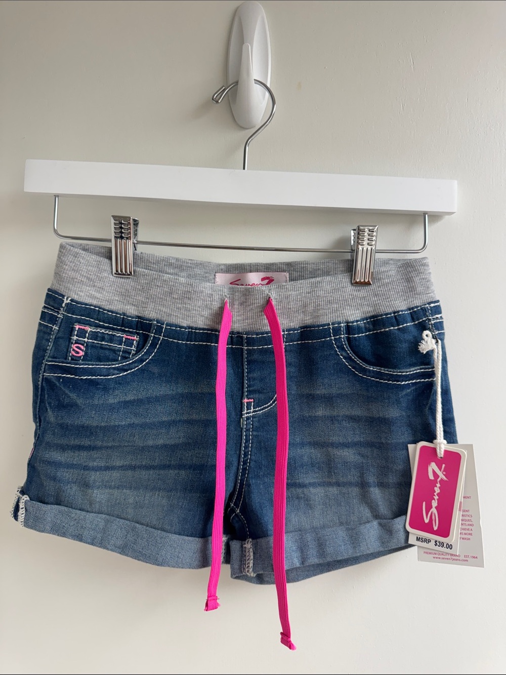 Seven7 Girls' Blue Denim Shorts with Hot Pink Drawstring waist size 10 pockets